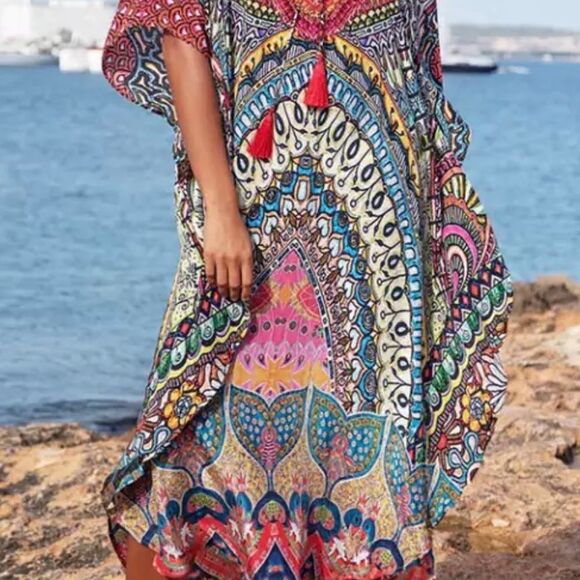 Bohemian Tassel Lace Up Maxi Summer Kaftan Caftan Dress One Size - Picture 3 of 5